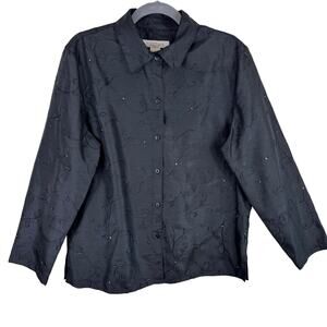 c.l.o.t.h.e.s Black Collared Long Sleeve Floral Beaded Sequin Button‎ Up Size L